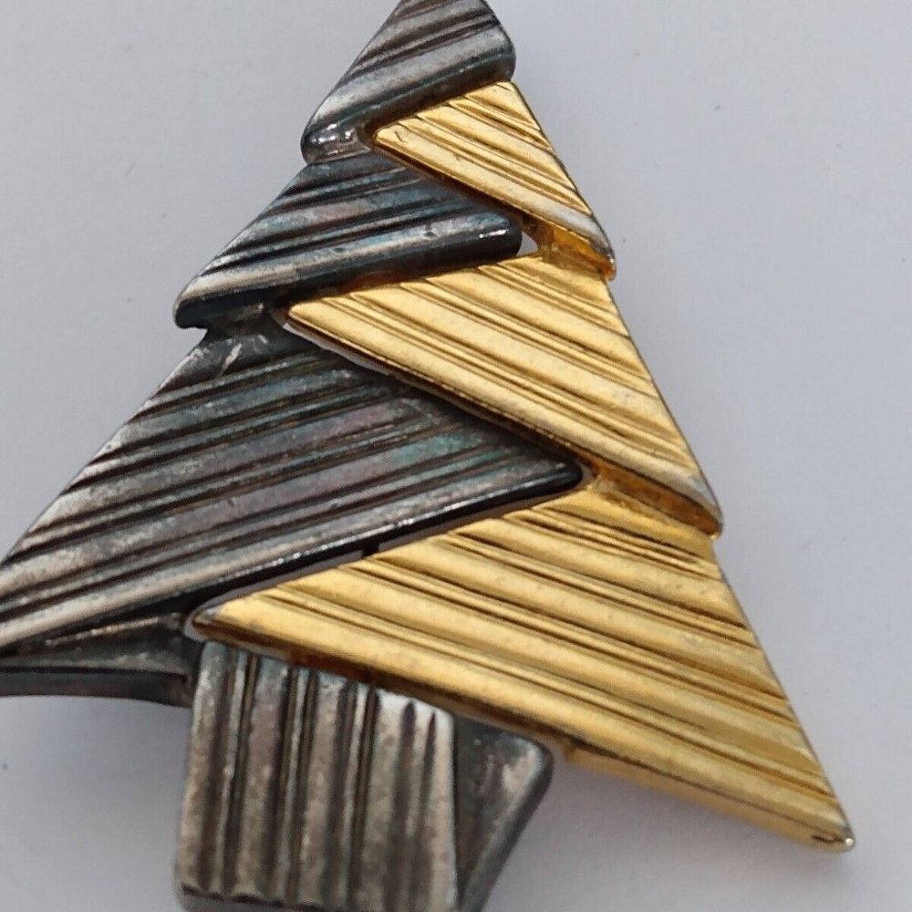 Gold Tone Silvertone Metallic Tree Pine Christmas Brooch Pin
